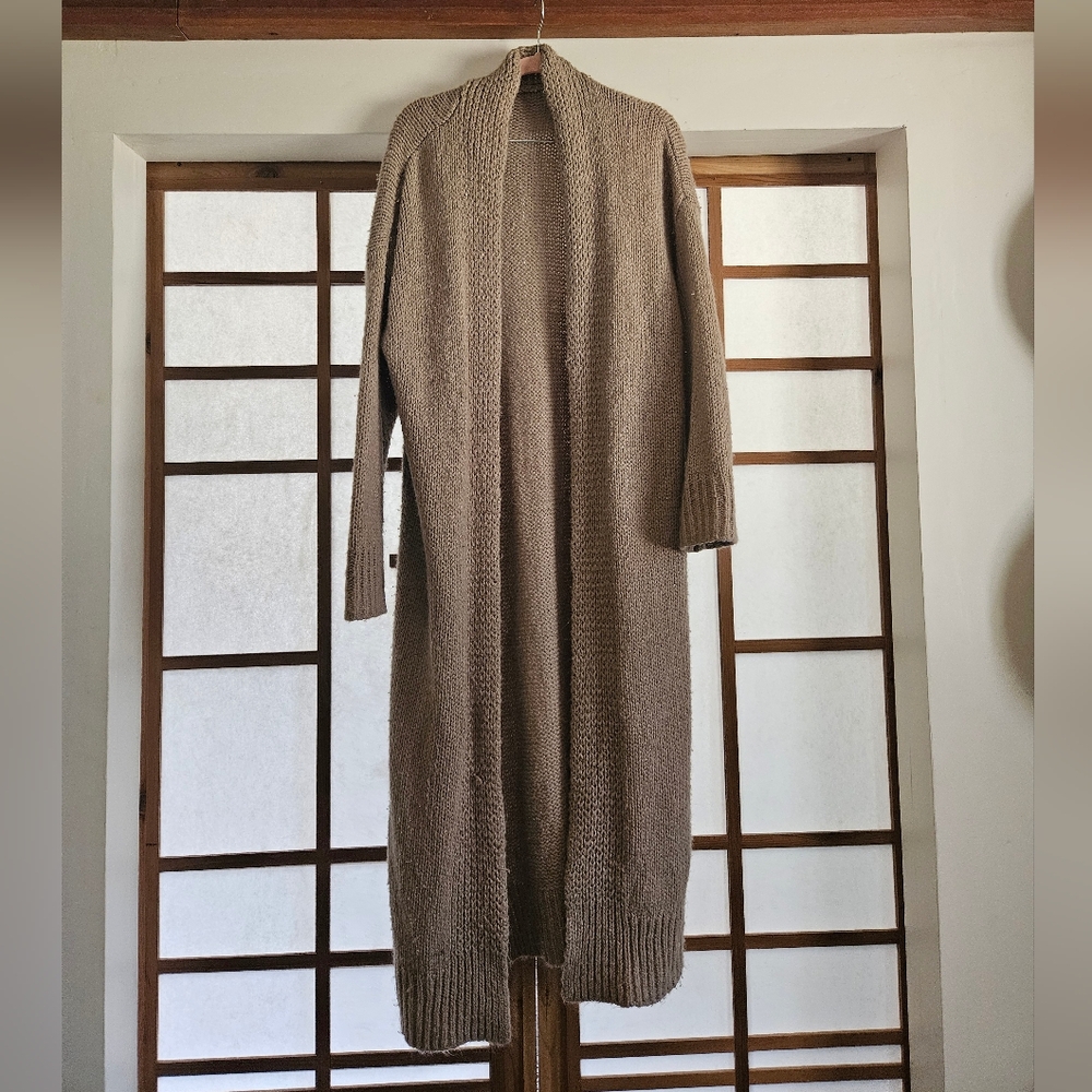 Beige, Midi, Knit Cardigan, Large